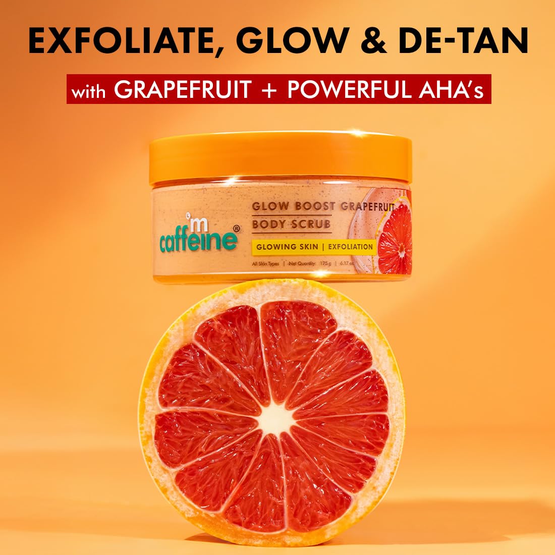mCaffeine Glow Boost Grapefruit Body Scrub | Tan Removal | AHA- Lactic & Glycolic Acid, Niacinamide | Vitamin C Rich Grapefruit for Glowing, Soft & Smooth Skin | Remove Dry, Dead Skin | Fruity Grapferuit Aroma - 175g