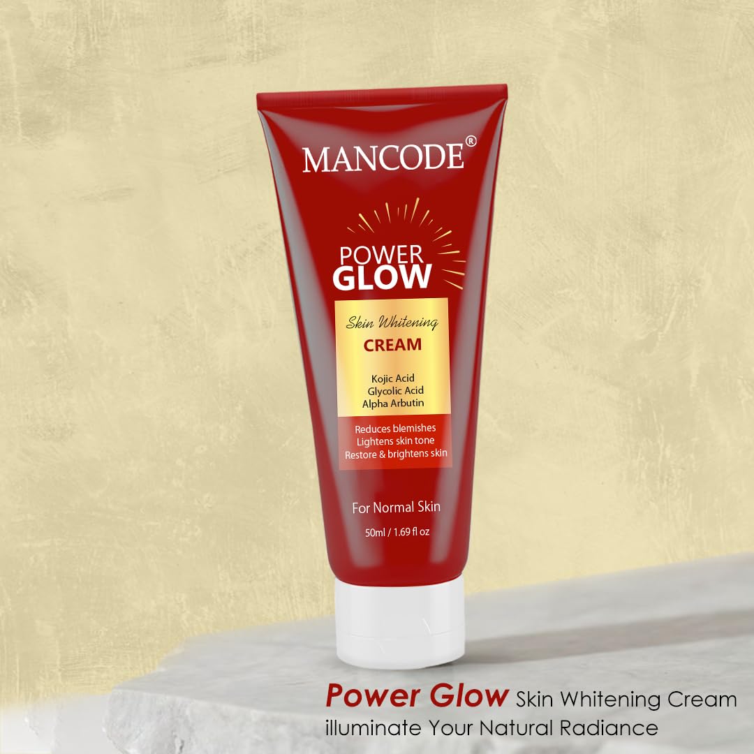 Mancode Power Glow Skin Glowing Cream with Kojic Acid, Glycolic Acid & Alpha Arbutin | Brightening & Hydrating Formula for Men | Reduces Dark Spots & Uneven Skin Tone | 50ml