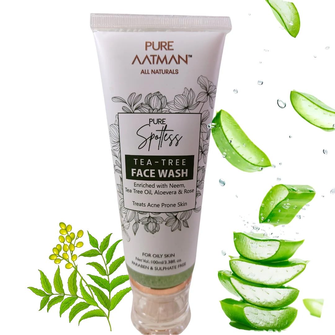 PURE AATMAN Tea Tree Cleansing Face Wash for Oily, Acne Prone, Dry & Combination Skin Fight Pimples & Control Excess Oil Gentle Exfoliating & Non-Drying Women & Men Moisturising Facial Wash- 100 ml
