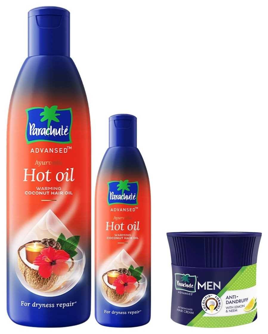 Parachute Advansed Ayurvedic Hot Oil, Warming Coconut Hair Oil, 400 ml + 90 ml & Hair Cream for Men, 100ml | Anti Dandruff | After Shower | Non Sticky Oil Replacement