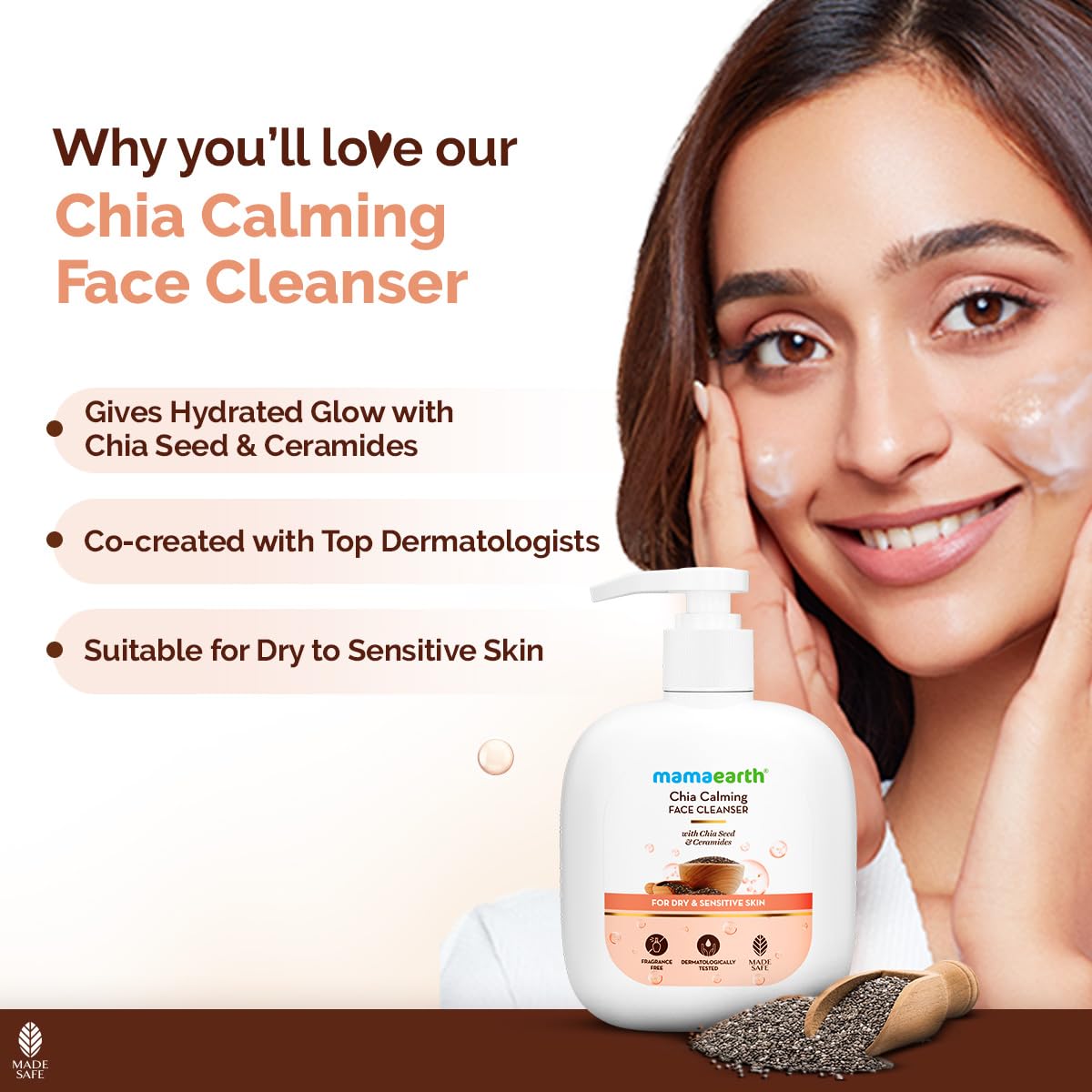 Mamaearth Chia Calming Face Cleanser with Chia Seed & Ceramides for Dry & Sensitive Skin - 180 ml | Gives Hydrated Glow | Co-created with Top Dermats | Non-foaming | Cleanses Gently | Healthy Skin Barrier