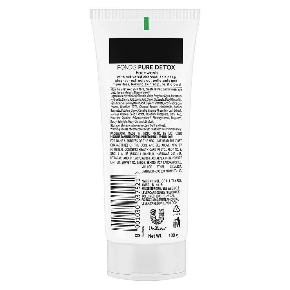 POND's Pure Detox Face Wash 200 g, Daily Exfoliating & Brightening Cleanser, Deep Cleans Oily Skin - With Activated Charcoal for Fresh, Glowing Skin & POND's Pure Detox Face Wash 100 g