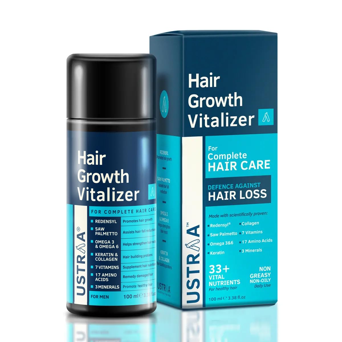 USTRAA Hair Growth Vitalizer 100ml – Clinically Tested | Hair Oil With Redensyl, Saw Palmetto, Vitamins, & Ayurvedic Hair Oil 200ml - with 8 Natural Herb extracts, With Red Onion,Bhringaraj,Neem