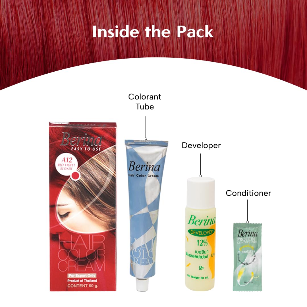 Berina Professional | Permanent Hair Color Cream | 60gm | A12 Red Violet Blonde | Long Lasting Color