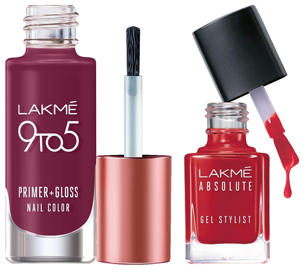 Lakmé Absolute Gel Stylist Nail Color, Scarlet Red, 12 ml & Lakmé 9To5 Primer + Gloss Glossy Finish Nail Colour, Desert Rose, 6 Ml