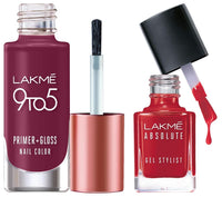 Lakmé Absolute Gel Stylist Nail Color, Scarlet Red, 12 ml & Lakmé 9To5 Primer + Gloss Glossy Finish Nail Colour, Desert Rose, 6 Ml