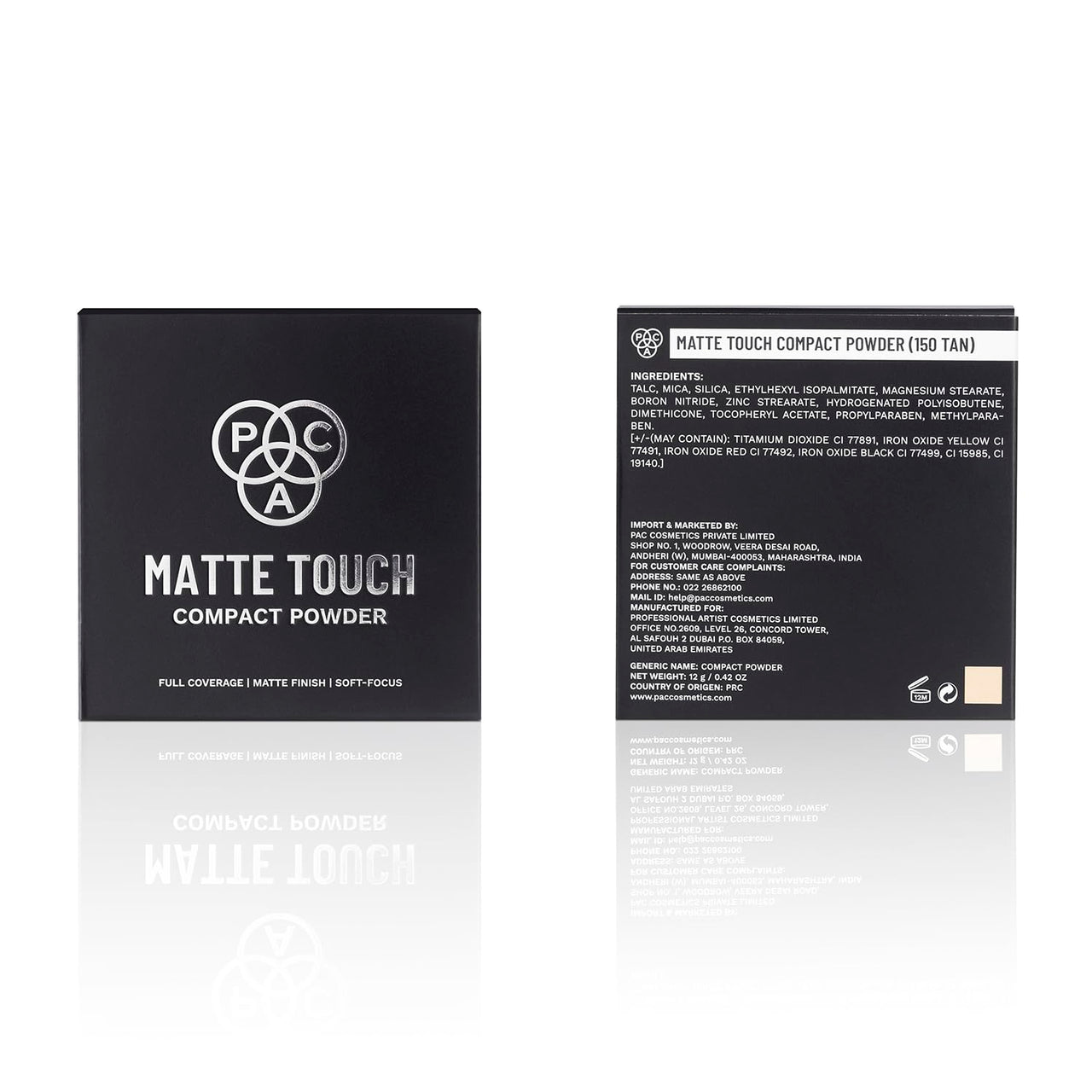 PAC Matte Touch Compact Powder (150 Tan) | Lightweight Medium to High Buildable Coverage | Longlasting Soft Matte Finish | Meltproof & Sweat Resistant | Suitable for all Skin Types