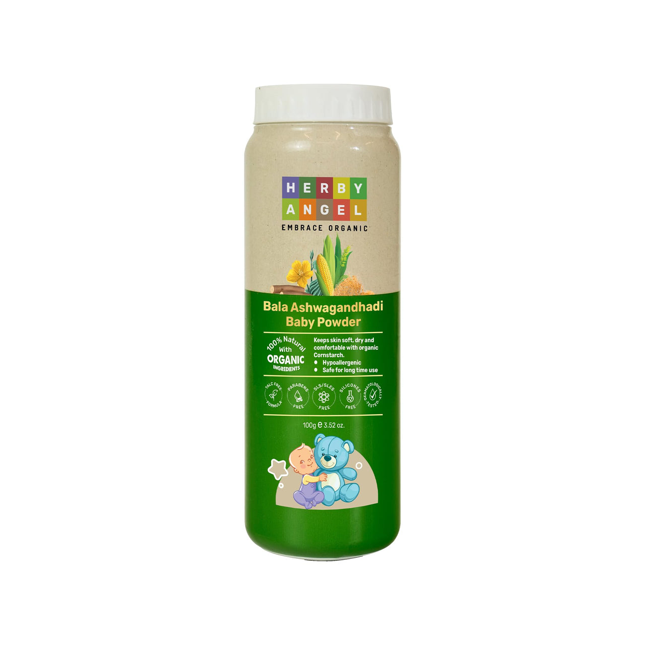 Herby Angel Talc Free Baby Powder - For Babies & Kids, Baby Powder For Kids, Baby Skin Care, Hypoallergenic, Talc Free Powder, Heals Diaper Rashes, Quick Moisture Absorbing, 100 GM (Pack of 1)