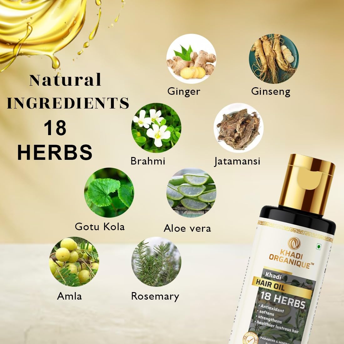 Khadi Organique 18 Herbs Herbal Hair Oil to Repair Dry Scalp | Softens Hair, Prevents Dandruff, Dandruff & Hair Growth | Natural & Non-Sticky Formula | Paraben & Sulphate Free Formula for Women & Men - 210ml