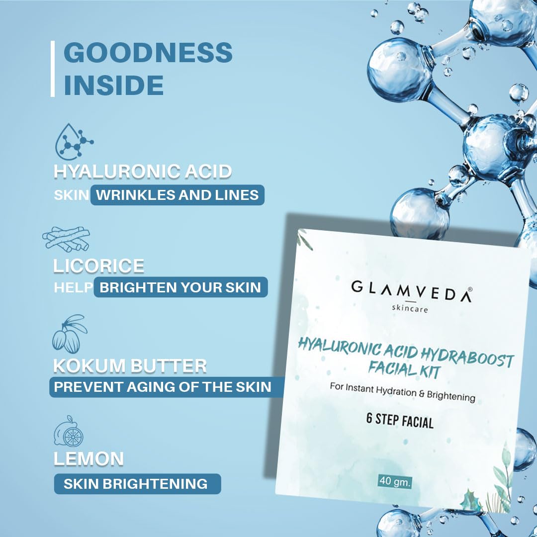 Glamveda Hyaluronic Acid Hydra boost Facial Kit | Salon Like Glow | 6 Step Facial Kit| SLS & Paraben Free| 40gm (Hydra Boost)