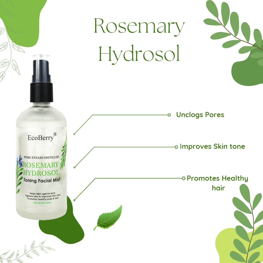 EcoBerry Pure Steam Distilled Rosemary Hydrosol Toning Facial Mist Unblocks Pores, Improves Skin Tone, Promotes Healthy Hair, Reduces Grey Hair & Dandruff,100% Preservative Free, Natural, Vegan