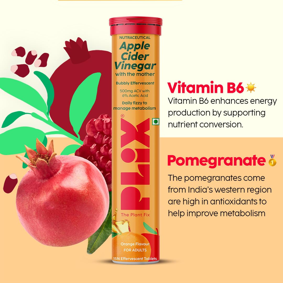 The Plant Fix Plix Apple Cider Vinegar Effervescent Tablet With Mother|Supports Metabolism & Appetite Control I With 500Mg Acv, Vit B6 & B12 I No Maltodextrin, No Added Sugar I Pack Of 4 (60 Tablets)