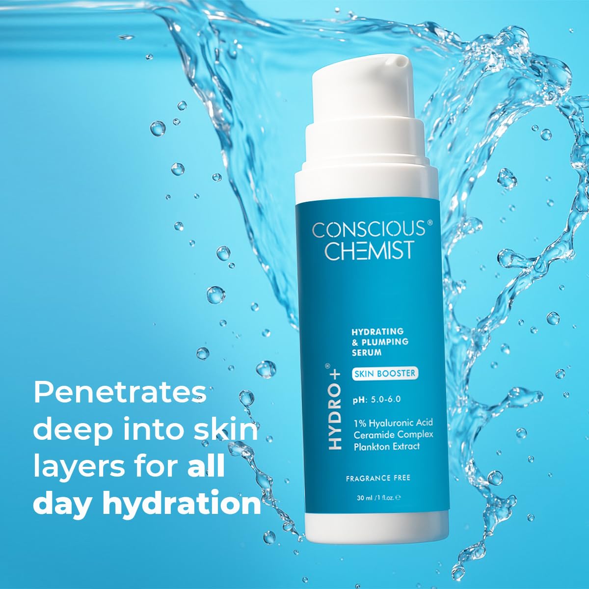 Conscious Chemist 1% Hyaluronic Acid Serum | 30ml | Face Serum for Dry Skin, Ceramide, with Plankton Extract, Treat Dull & Dehydrated Skin, Plumps & Hydrates, For Men & Women - Hydro+