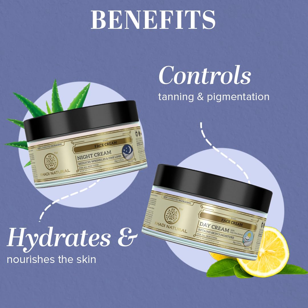 Khadi Natural Herbal Combo Of Day Cream And Night Cream|Fades spot and blemishes|Create moisture barrier|Suitable for all skin types| Combo Pack (50Gm each)