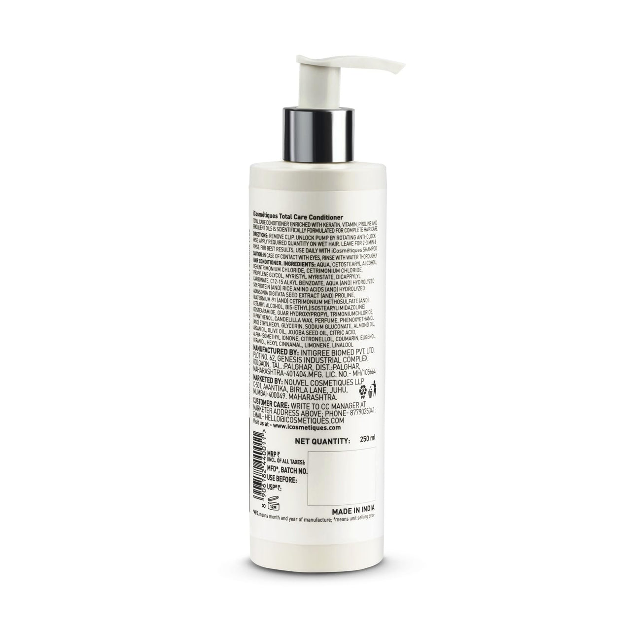 iCosmetiques Shampoo & Conditioner Combo|Sulphate & Silicone Free |Reduces Hair Fall & Frizz |Keratin, Proline & Vitamin B5 |Strengthens Roots |Unisex Total Care Formula |250ml each