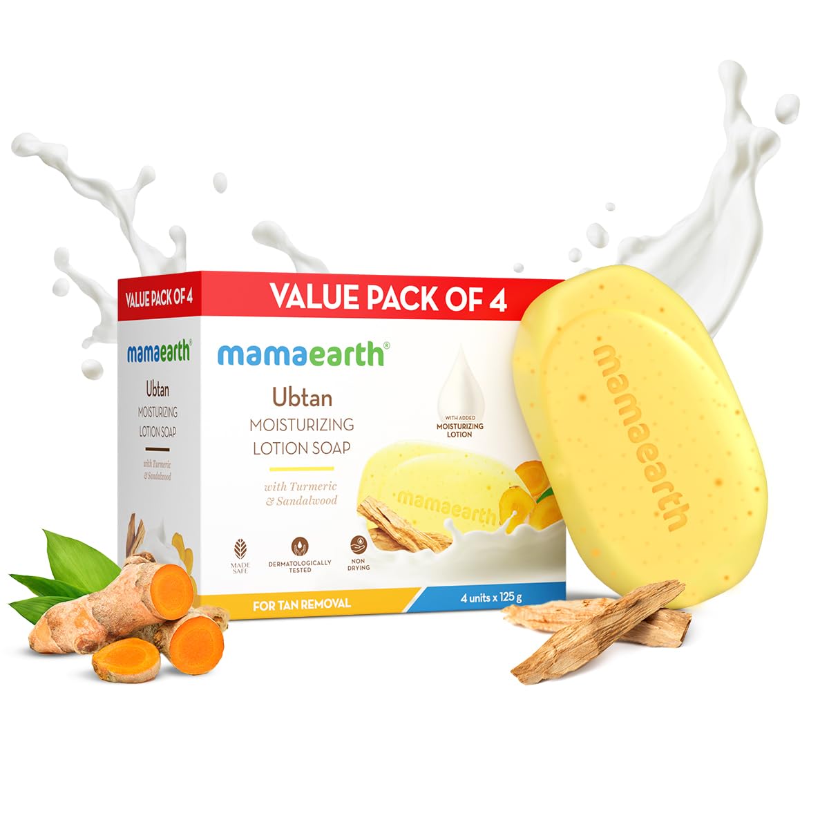 Mamaearth Ubtan Moisturizing Lotion Soap 125 g (Pack of 4) | Removes Tan | Benefits of Lotion in a Soap | Gently Exfoliates & Deeply Cleanses | Nourishes Dry Skin | Non Drying | Grade 1 Soap