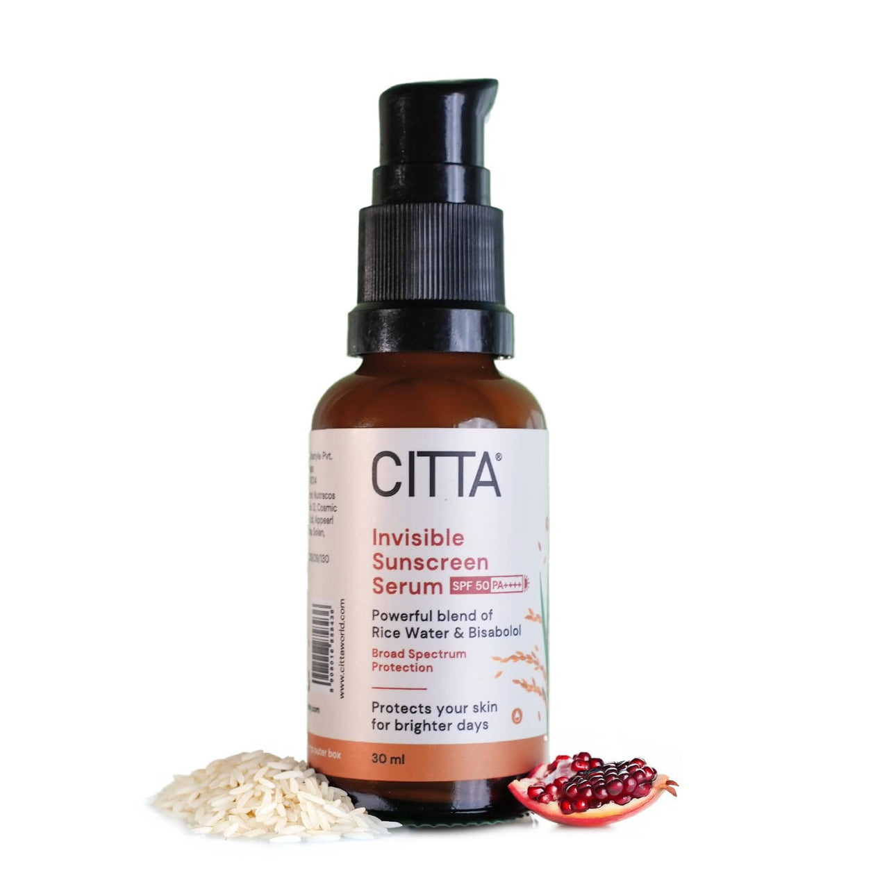 CITTA Invisible Sunscreen Serum SPF 50 PA++++ For Women & Men | No White Cast For All Skin Types | Rice Water & Bisabolol Sunscreen Serum | Hydrating & Non-Greasy | 30 ml