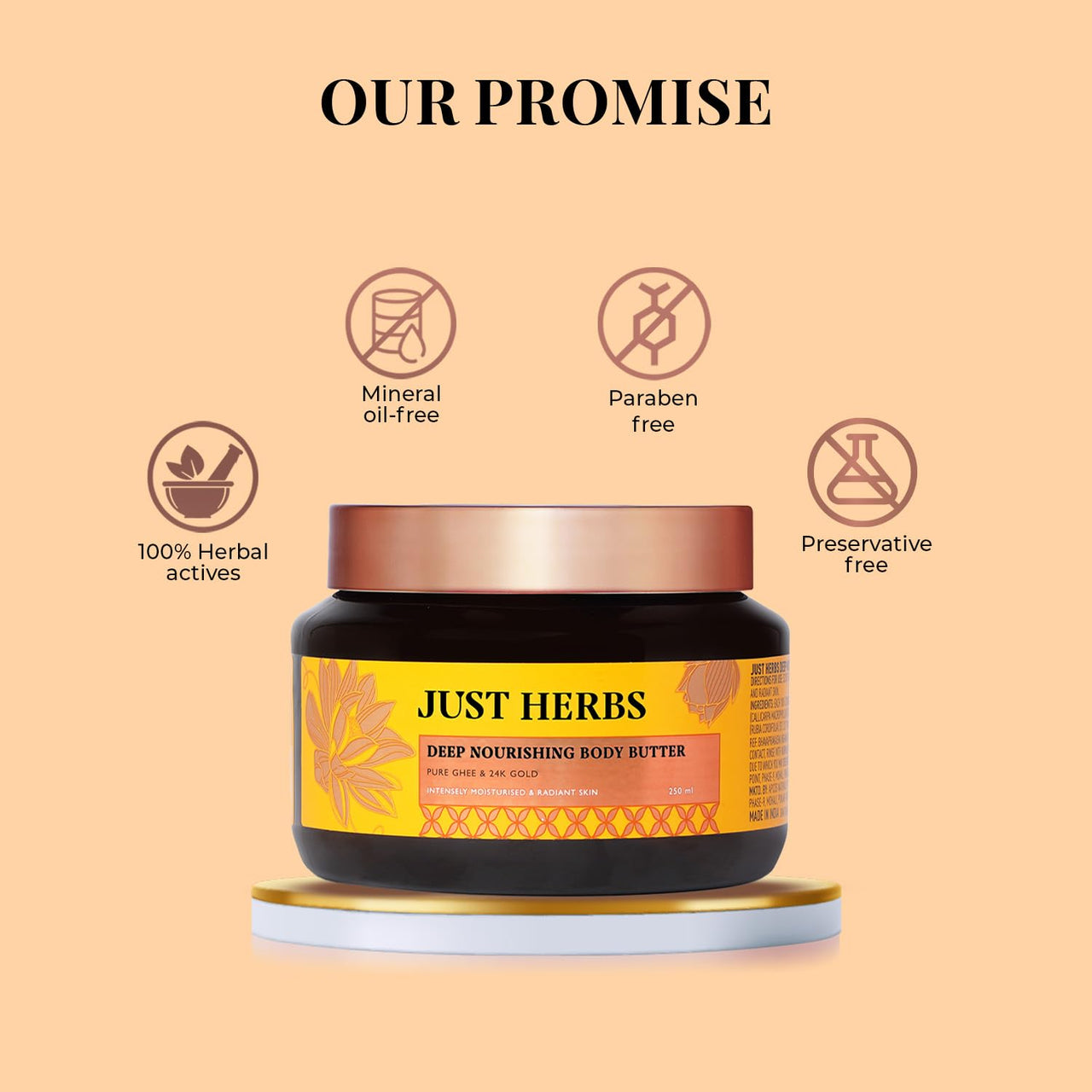 Just Herbs 24K Gold with Pure Ghee Deep Nourish Body Butter Cream for Anti Ageing | Improve Skin Elasticity | Reduce Dullness & Blemishes | Non Sticky | Instant Hydration All Skin Types Moisturiser for Men and Women 250ml