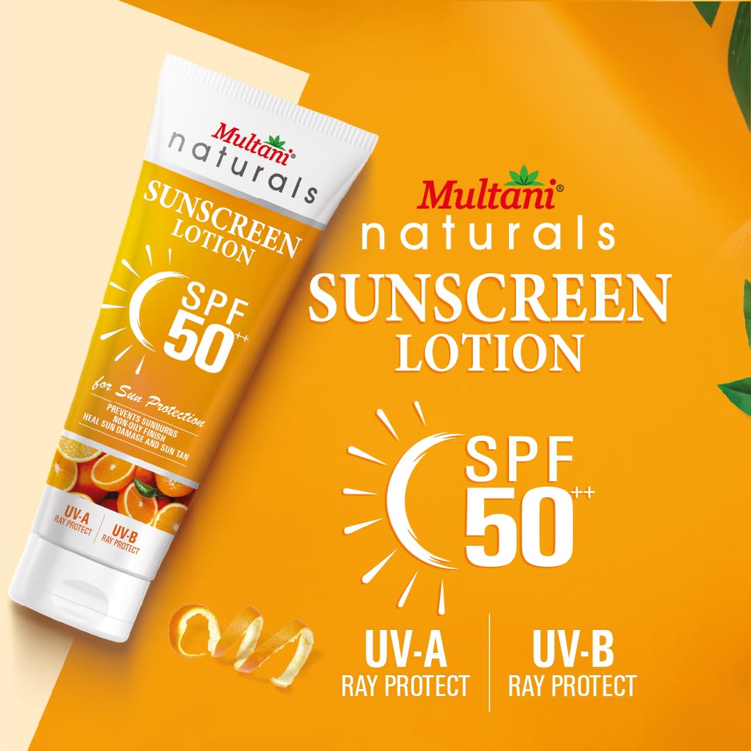 Multani Naturals Sunscreen Lotion SPF 50++ | Broad Spectrum UVA/UVB | Blue Light Protect | No White Cast | Water Resistant, Ultra Light & Non Sticky | For Oily, Dry & Sensitive Skin | For Women & Men | Free From Paraben, Mineral Oil & Sulphate |100ml