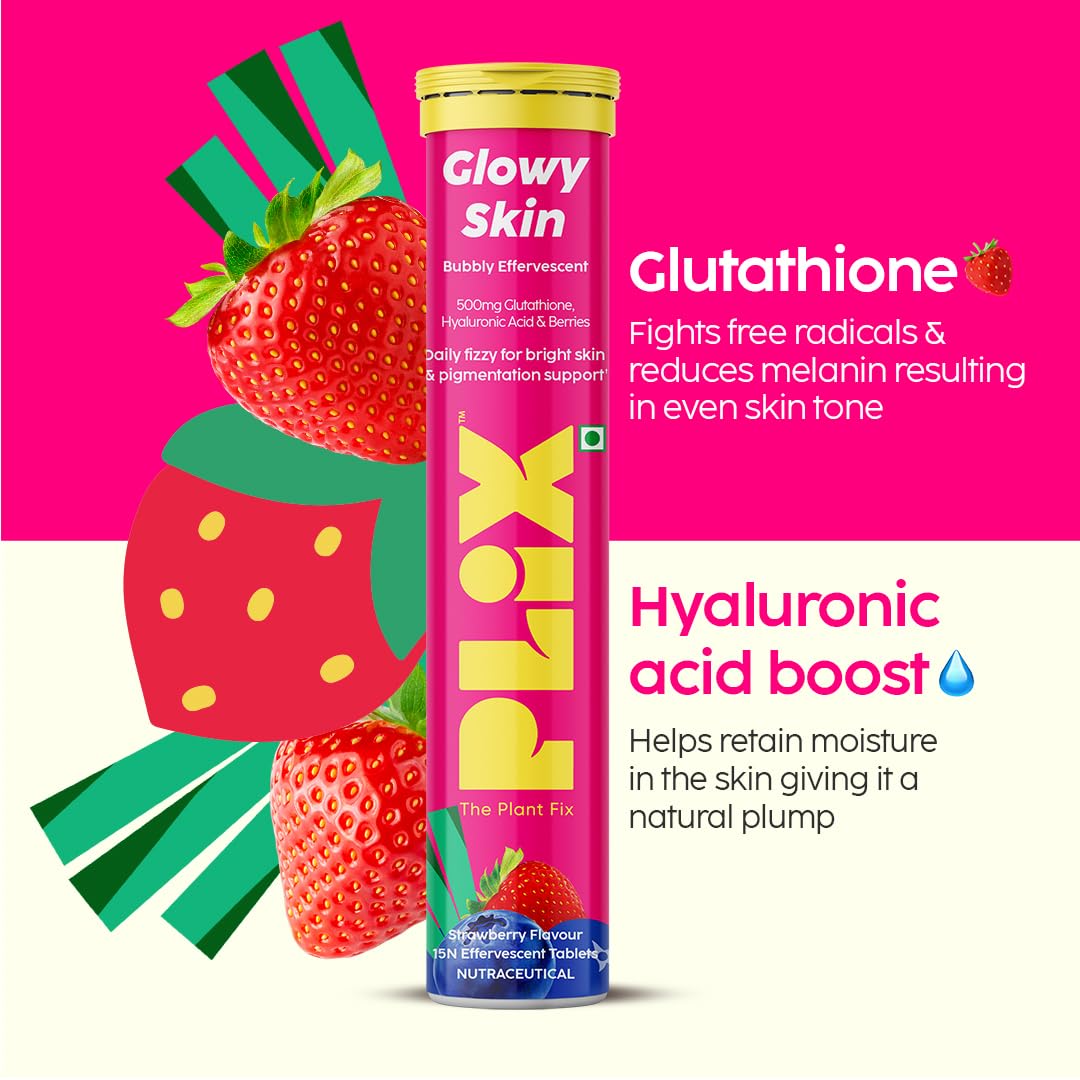 PLIX - THE PLANT FIX Glutathione Tablets With Vitamin C For Clear And Youthful Skin (Pack Of 6, Strawberry) | 90 Collagen Supplements |500mg L-Glutathione, Vitamin E And Hyaluronic Acid