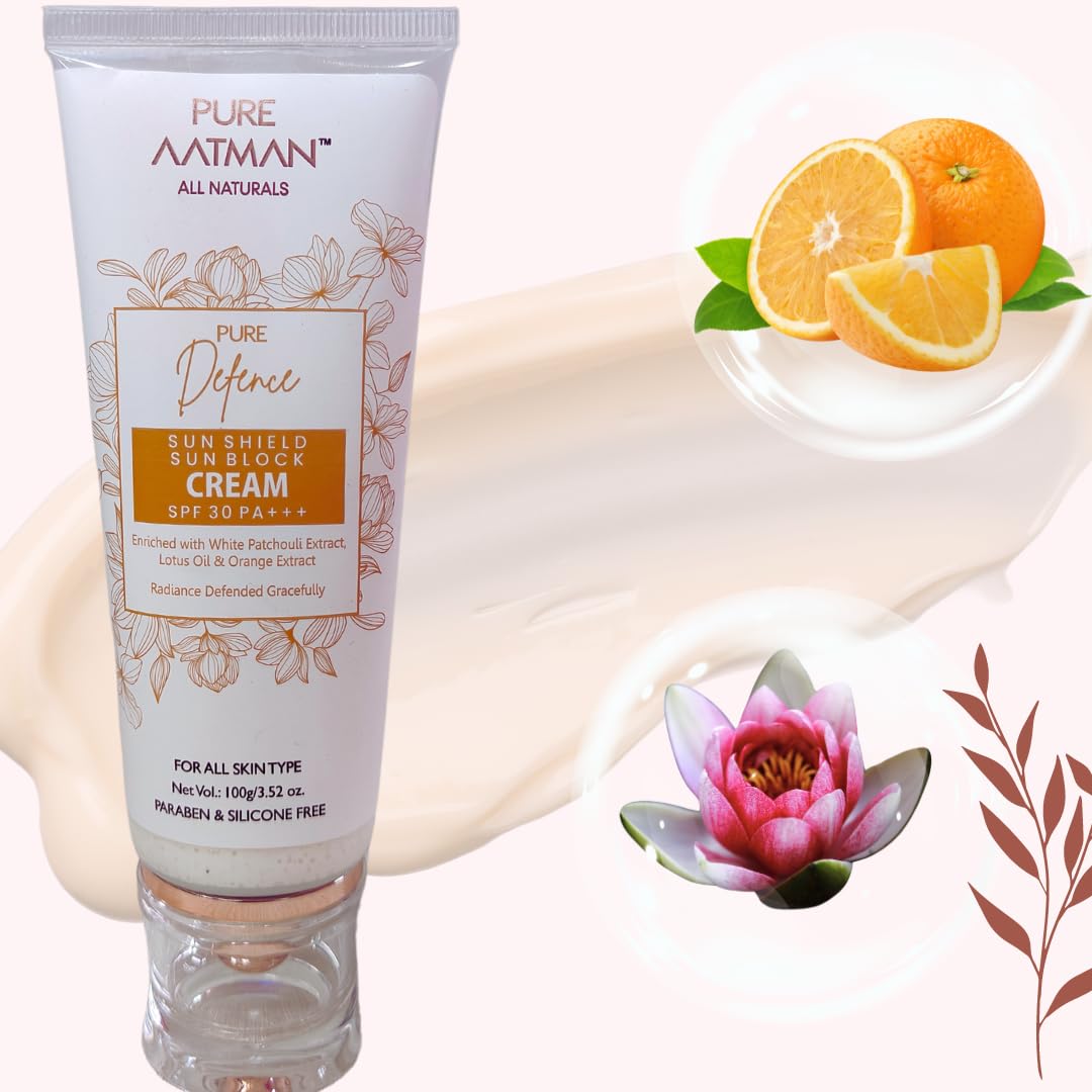 Pure Aatman Lotus Oil & Orange Extract Sunblock Sunscreen SPF 30 PA+++ UVA/UVB Sunscreen|Non-Sticky with Zero White Cast | Visibly Flawless Skin | Suitable for Acne & Sensitive Skin | 100gm