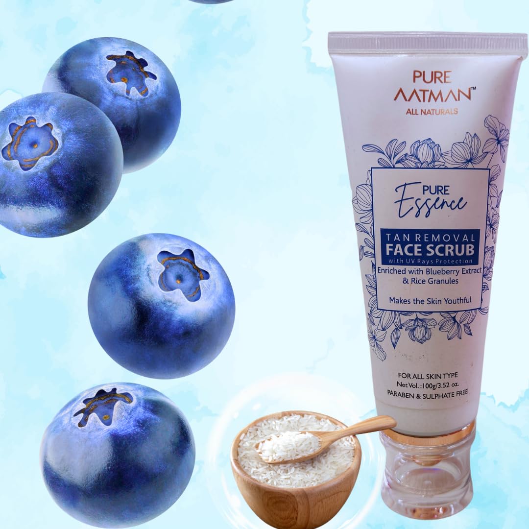 Pure Aatman De-Tan Face Scrub with Blueberry Extract & Rice Granules | Powerful Formula that Removes Tan, Blackheads, Sunburn | Gentle Exfoliator for Radiant Skin | Unclogs Pores | Only Natural Ingredient Used | Result Oriented | For Both Men & Women