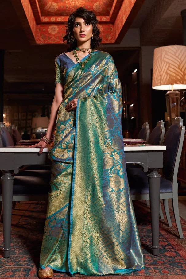 SGF11 Women's  Kanjivaram Pure Soft Silk Handloom Saree Pure Golden Zari With Blouse Piece Green 01