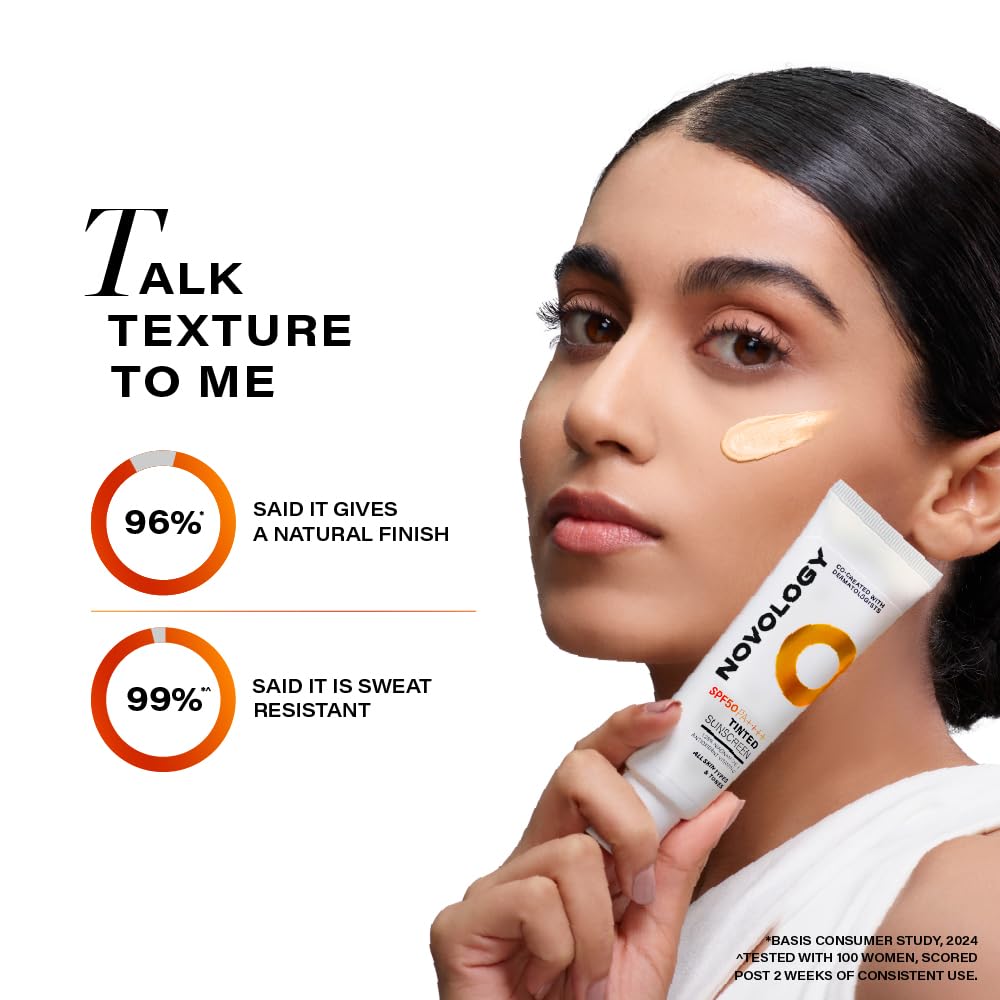 Novology SPF 50 PA++++ Tinted Sunscreen with Niacinamide for Pigmentation, Dark Spots and Acne Marks | Blends into Natural Finish | For All Skin Types | 50 g