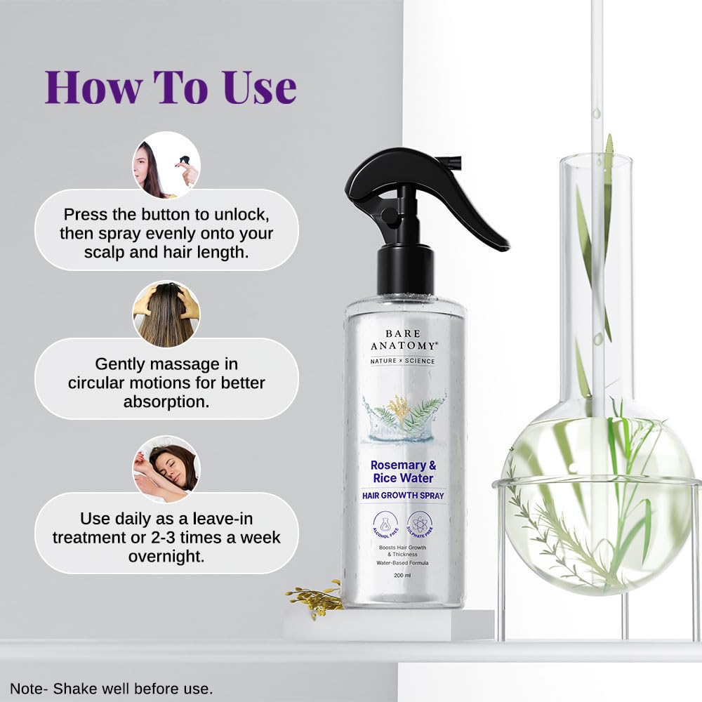 Bare Anatomy Nature x Science Rosemary Water Spray for Hair Growth & Hair Thickness with Rice Water |100% Natural Extract | Soft & Smooth Hair | Controls Hairfall & Adds Shine | Non-Greasy & Fast Absorbing | 200 ml