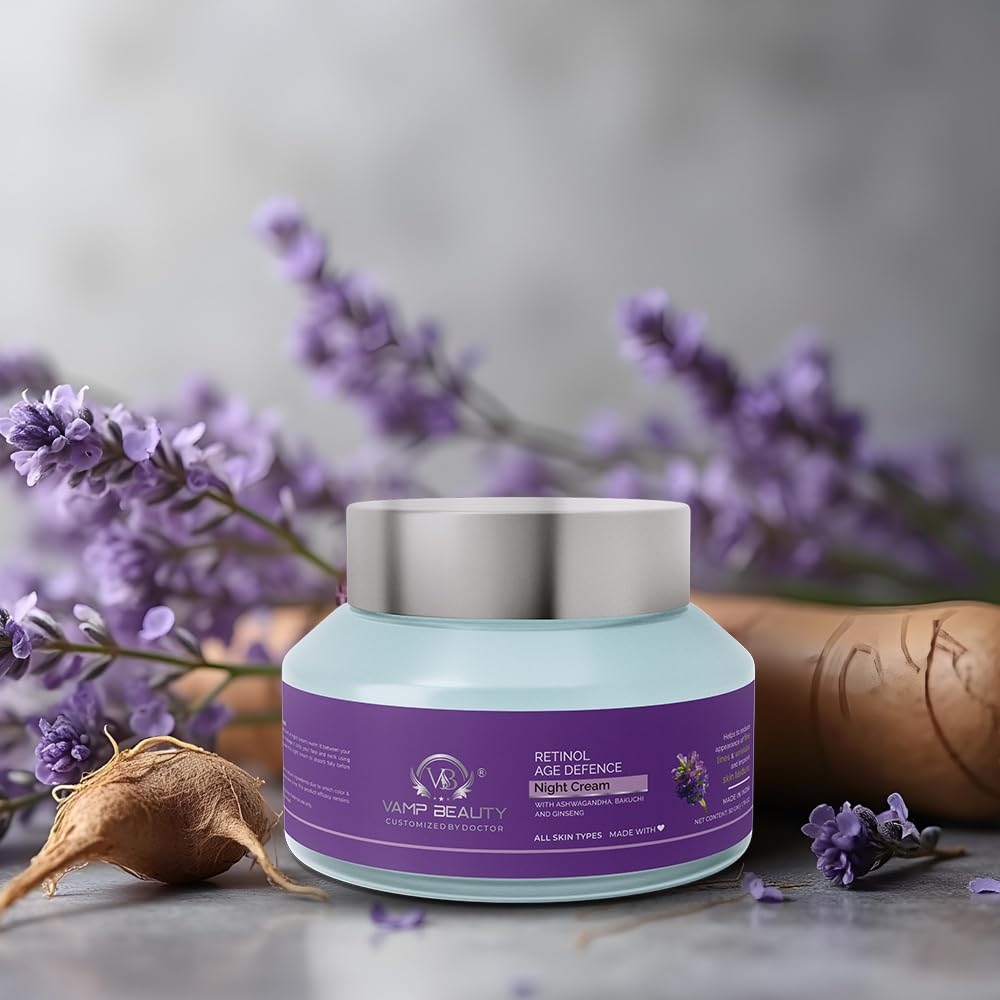 Vamp Beauty Anti-Aging Retinol Night Cream | Enriched with Ashwagandha Bakuchi Ginseng | Smooths Wrinkles & Fine Lines | Lightweight & Non-Greasy | For All Skin Types | 50g