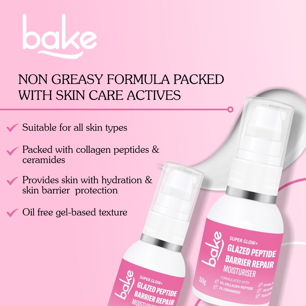 BAKE 5% Multi Peptide & 2% Ceramide Moisturizer with Hyaluronic Acid | Oil Free Barrier Repair Moisturizer | Lightweight & Non Sticky | 50g