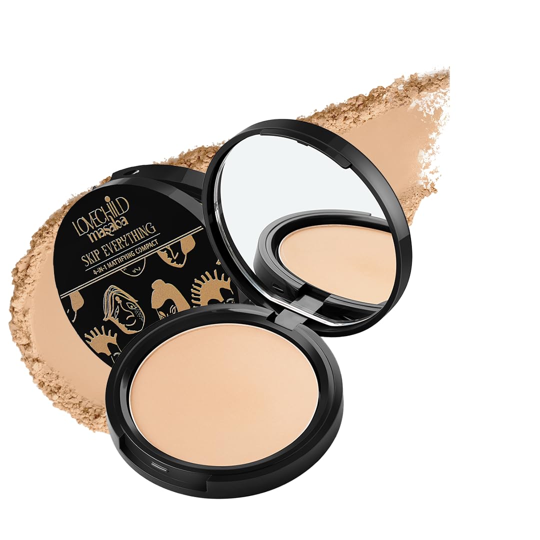 Lovechild Masaba 4-in-1 Mattifying Compact - Perfect Matte Coverage, Moisturizer, Primer & Skin Repair, With Macadamia Oil & Vitamin E, Lonely Lioness (Light) - 9g