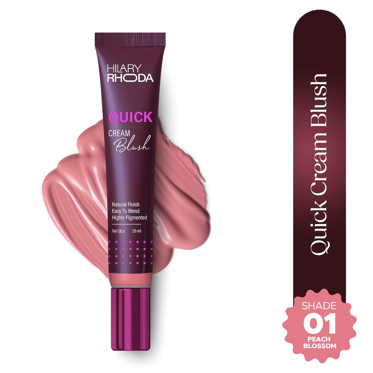 Hilary Rhoda Quick Cream Blush | Highly Pigmented & Dewy Finish | Long-Lasting | Buildable Coverage | Weightless & Easy to Apply | Cream Blush | 20ml (Peach Blossom - Shade 01)