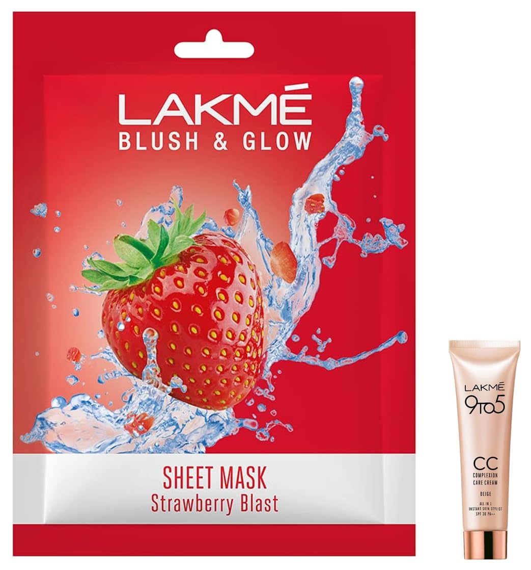 Lakmé 9 To 5 Cc Cream for All Skin Type Mini,01 - Beige,Light Face Makeup With Natural Coverage,Spf 30 - Tinted Moisturizer To Brighten Skin,9 G&Lakmé Blush & Glow Strawberry Sheet Mask,25 Ml