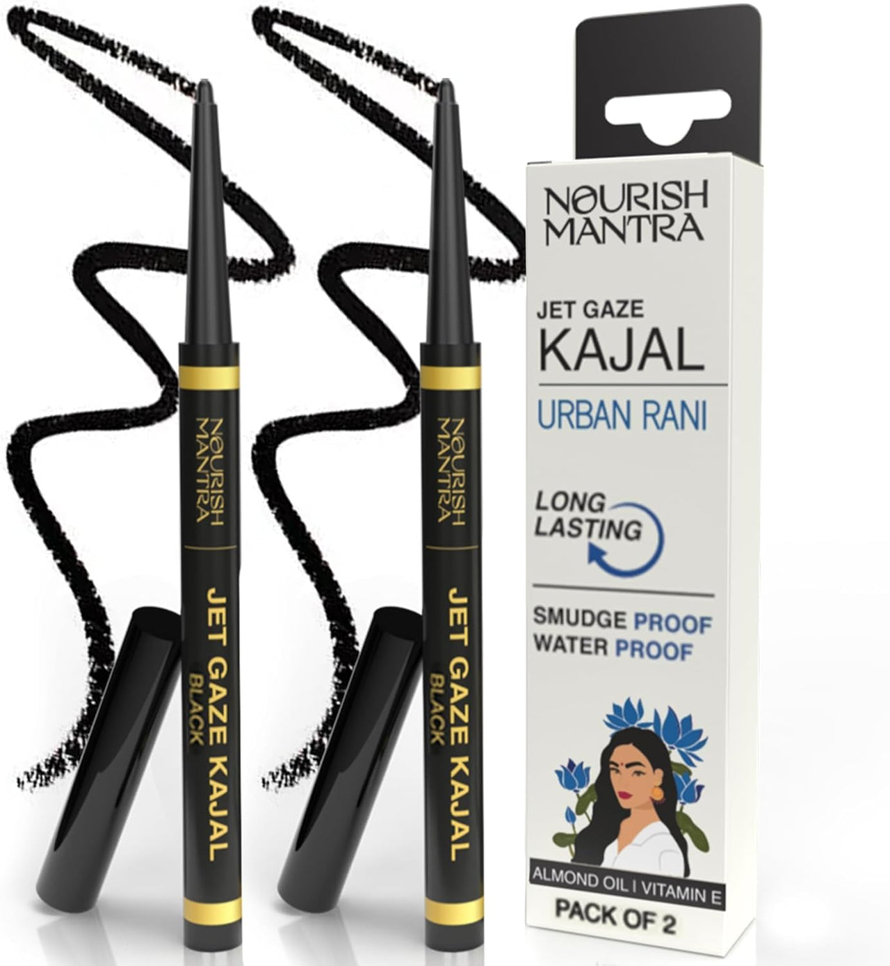 Nourish Mantra’s Jet Gaze Kajal Urban Rani - Combo - Black & Black 0.35g/ Made with Argan Oil & Vitamin E/Smudge Proof/Long Lasting/Retractable Kajal Pencils