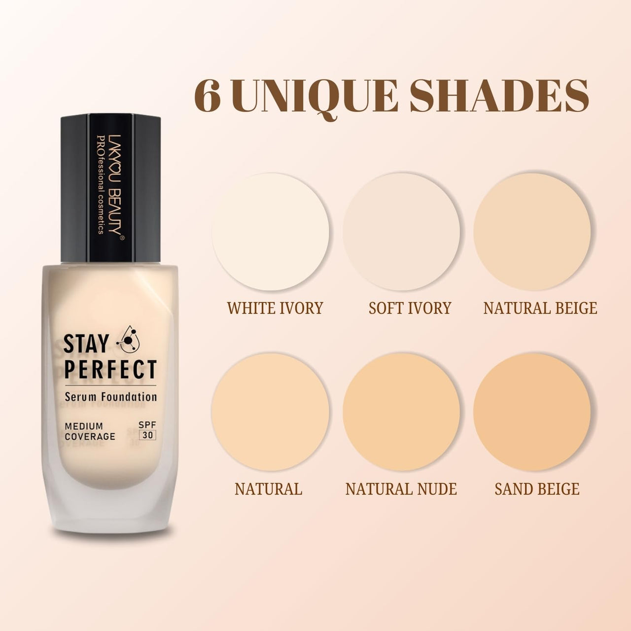 Lakyou Beauty Stay Perfect Serum Foundation 30ml | Medium Coverge with SPF 30 | 24HRS wear for radiant and healthy looking skin (White Ivory)