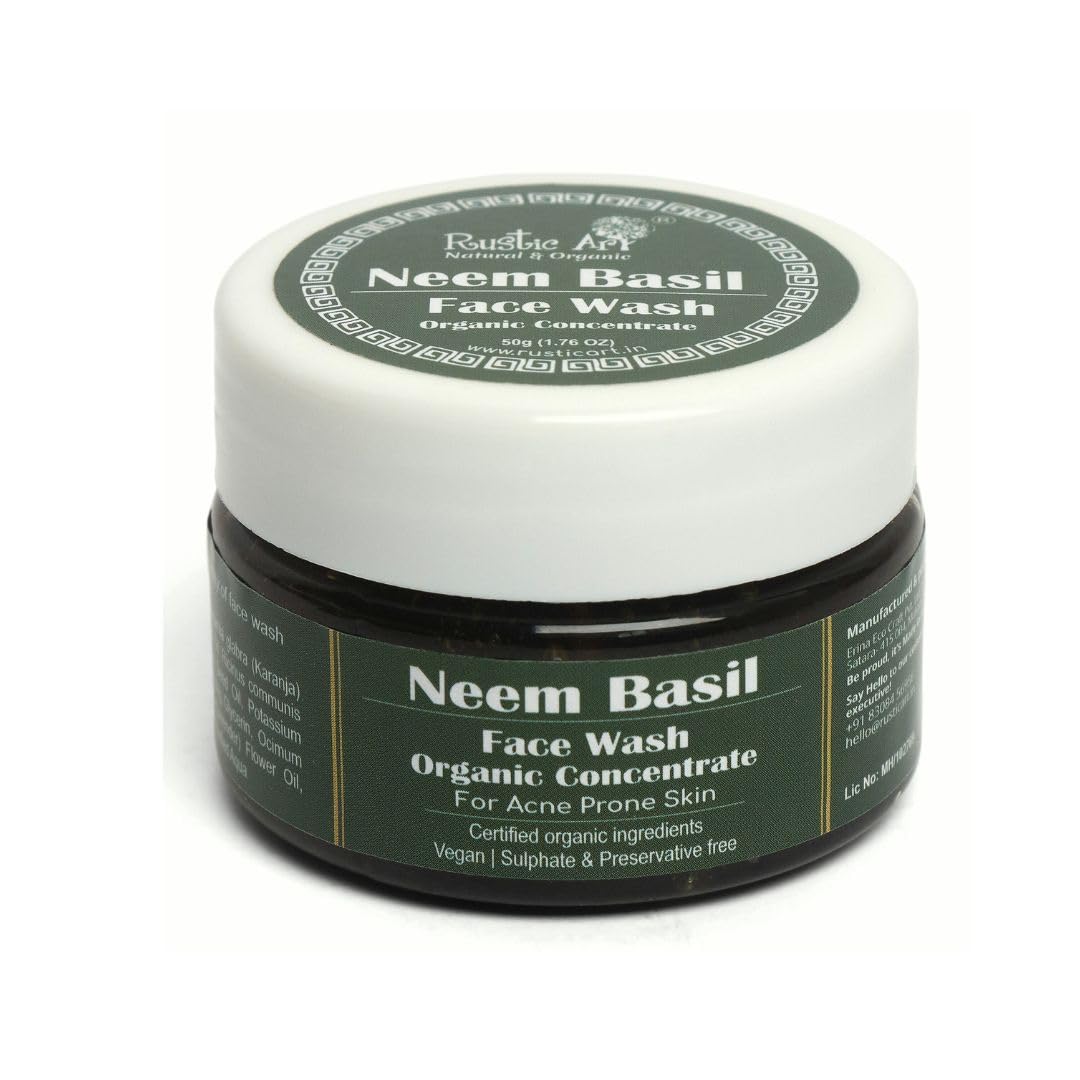 Rustic Art Organic Neem Basil Face Wash Concentrate | Anti acne (pimples), sulphate, paraben free cleanser for women & men | Suitable for teenagers | 50g (Pack of 1)
