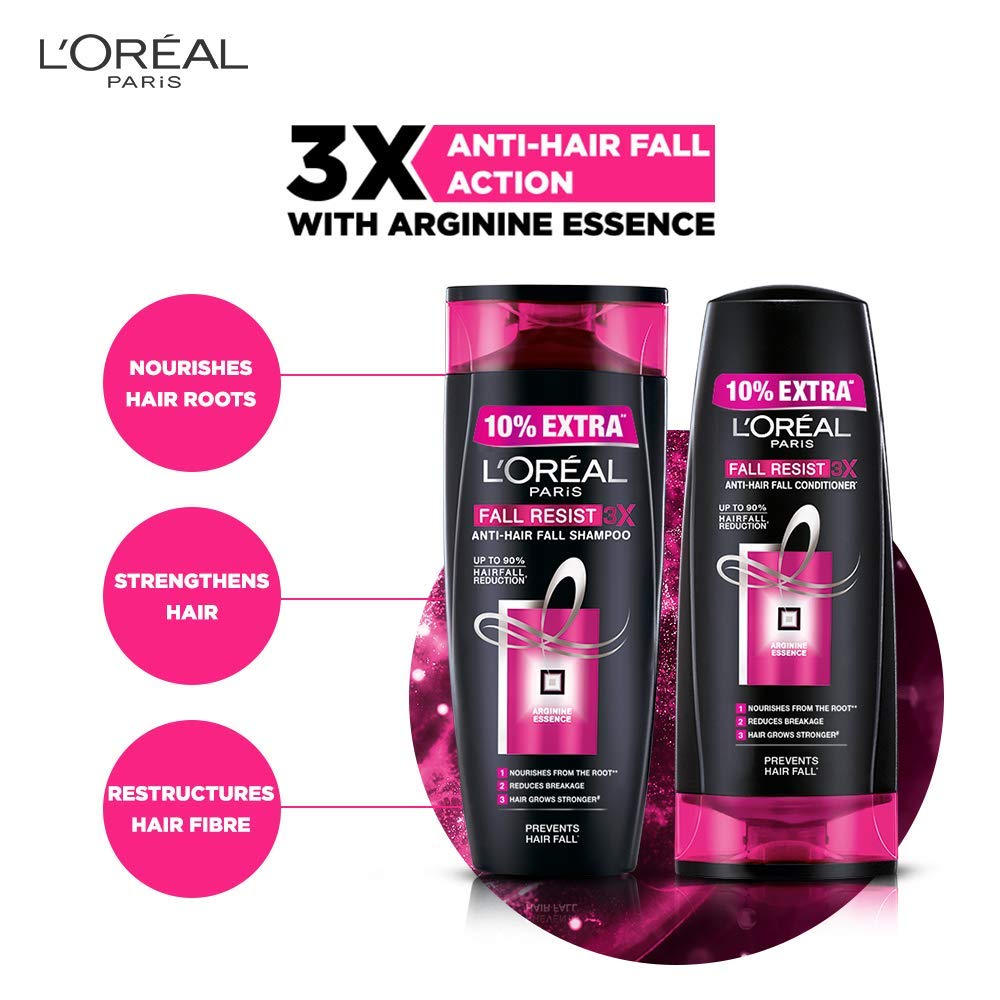 L’Oréal Paris Fall Resist 3X Anti-Hairfall Shampoo, 360ml Pack of 1 (With 10% Extra) And Fall Resist 3X Anti-Hairfall Conditioner, 175ml (With 10% Extra)