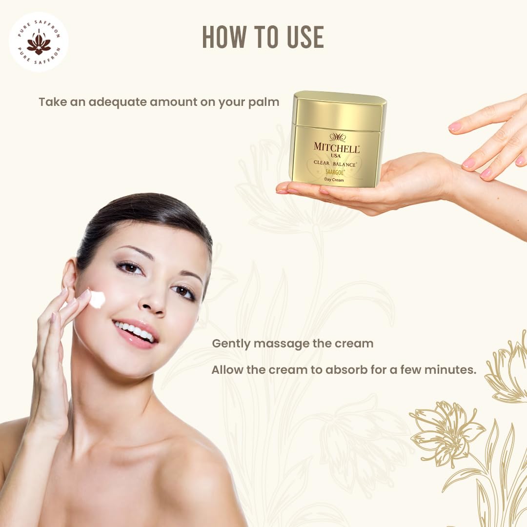 Clear balance Saargol Day Cream - Hydrating And Moisturizing Daily Facial Cream | Almond Oil, Vitamin E, Saffron Extract For A Clearer, Suitable For All Skin Types | 50G