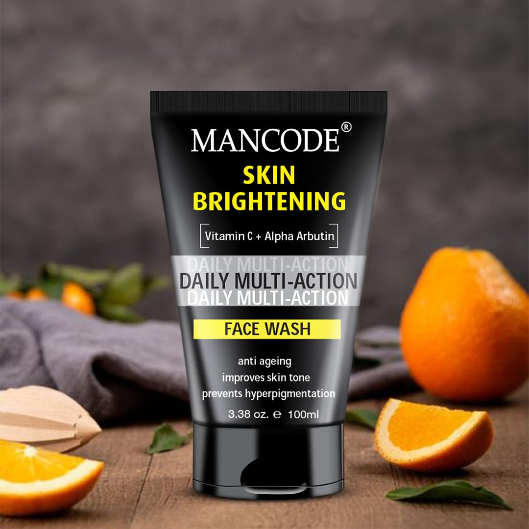 Mancode Daily Action Face Wash for Men with Vitamin C and Alpha Arbutin- Clear Skin, Oil Control, Acne Defense, Dark Spot Reduction, Pollution Protection - Pack of 1 | Men's Face Wash-100ml