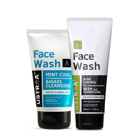 Ustraa Face Wash - Mint Cool - Dry Skin - 100g | Reduces Moisture Loss | Removes Dirt & Face Wash Acne Control - With Neem & Charcoal - 200g - Oil control, Prevents Acne