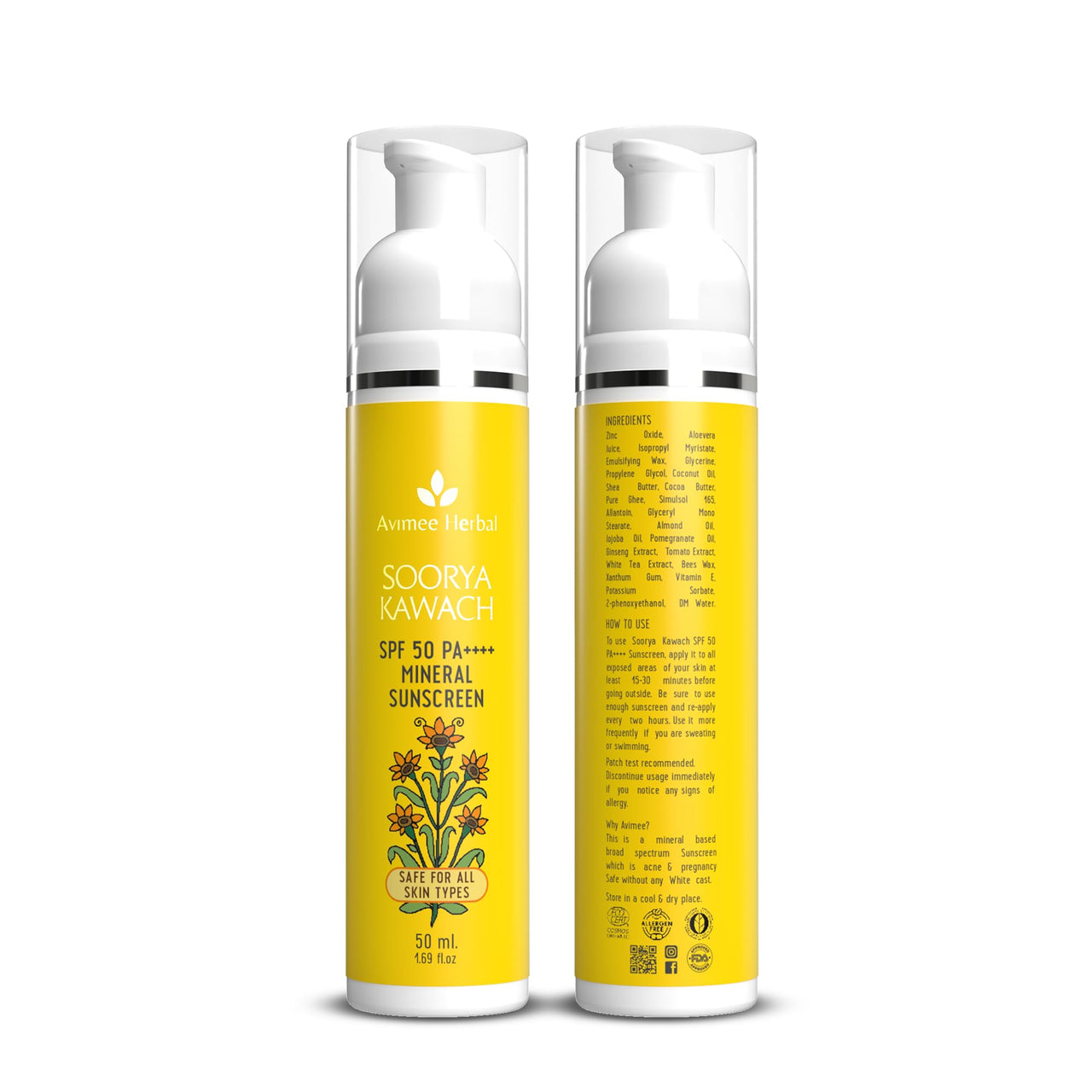 AVIMEE HERBAL Soorya Kawach Spf50 Pa++++ Mineral Sunscreen For All Skin Types| 100% Mineral Sunscreen For Broad Spectrum Uva, Uvb & Blue Light Protection | No White Cast | For Men & Women | 50Ml