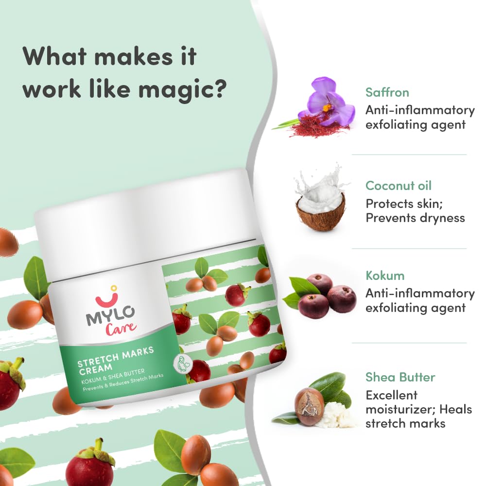 Mylo Care Stretch Marks Cream for Pregnancy with the Goodness of Shea Butter, Saffron, Kokum Butter and Aloe Vera, Australia Certified Toxin Free, No Mineral Oils - 100ml + 100ml (Pack of 2)
