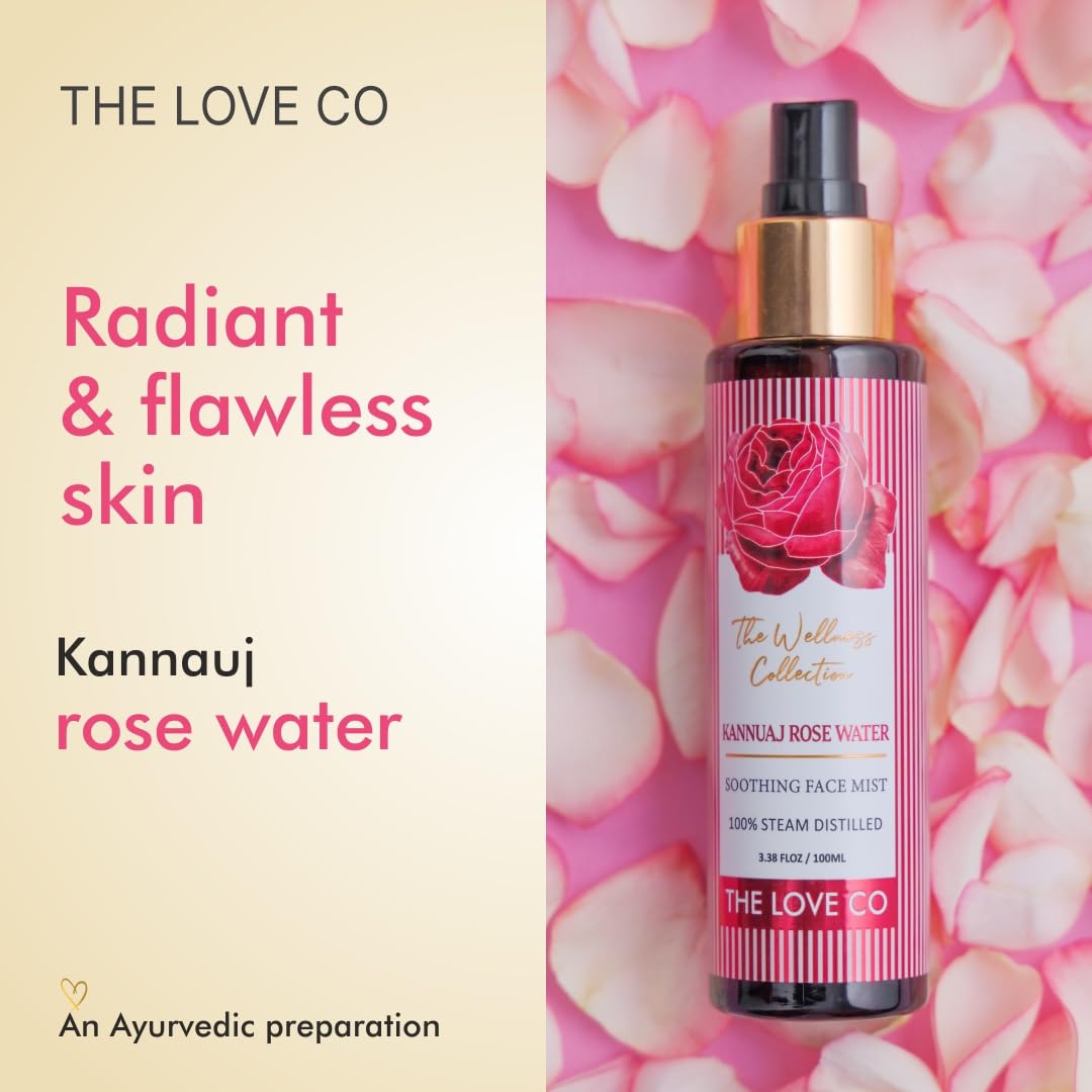 THE LOVE CO. Rose Water - 100% Pure and Natural, Steam Distilled for Skin, Face, and Hair - Authentic Kannauj Gulab Jal - Soothing Skin Toner Spray - Paraben, Alcohol, and Chemical-Free