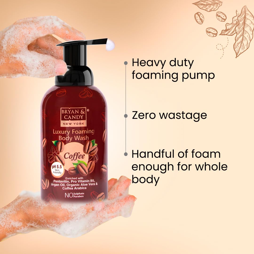 Bryan & Candy Luxury Foaming Body Wash with Pentavitin, Pro Vit B5, Argan Oil, Skin Friendly pH 5.5, All Skin Types, 400 Ml (Coffee Foaming Wash)