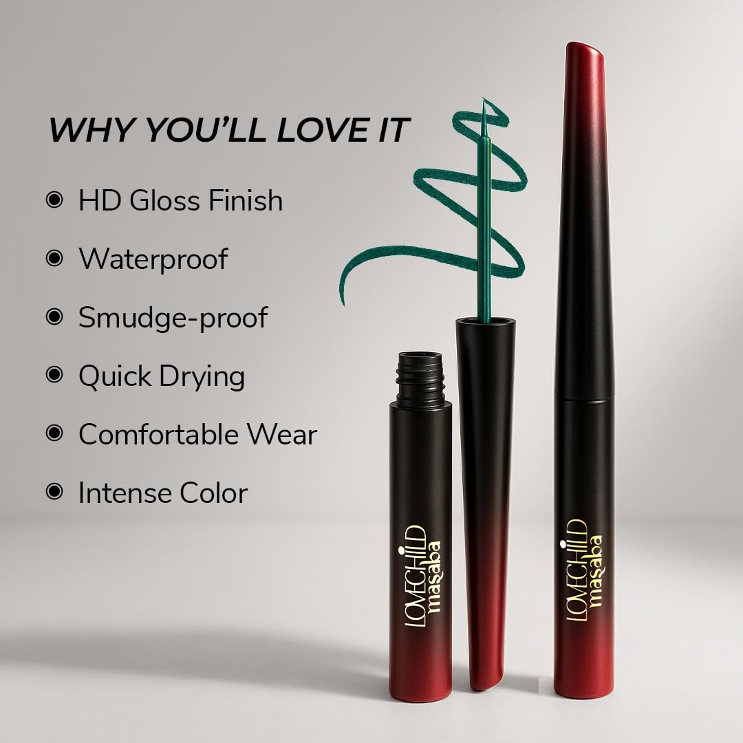 LoveChild Masaba Liquid Eyeliner Zircon (Peacock Green), Crystal Crush High Gloss Finish, Waterproof & Smudge-Proof, With Aloe Vera, Chamomile & Vitamin E, Long-Lasting Eye Liner, 3ml
