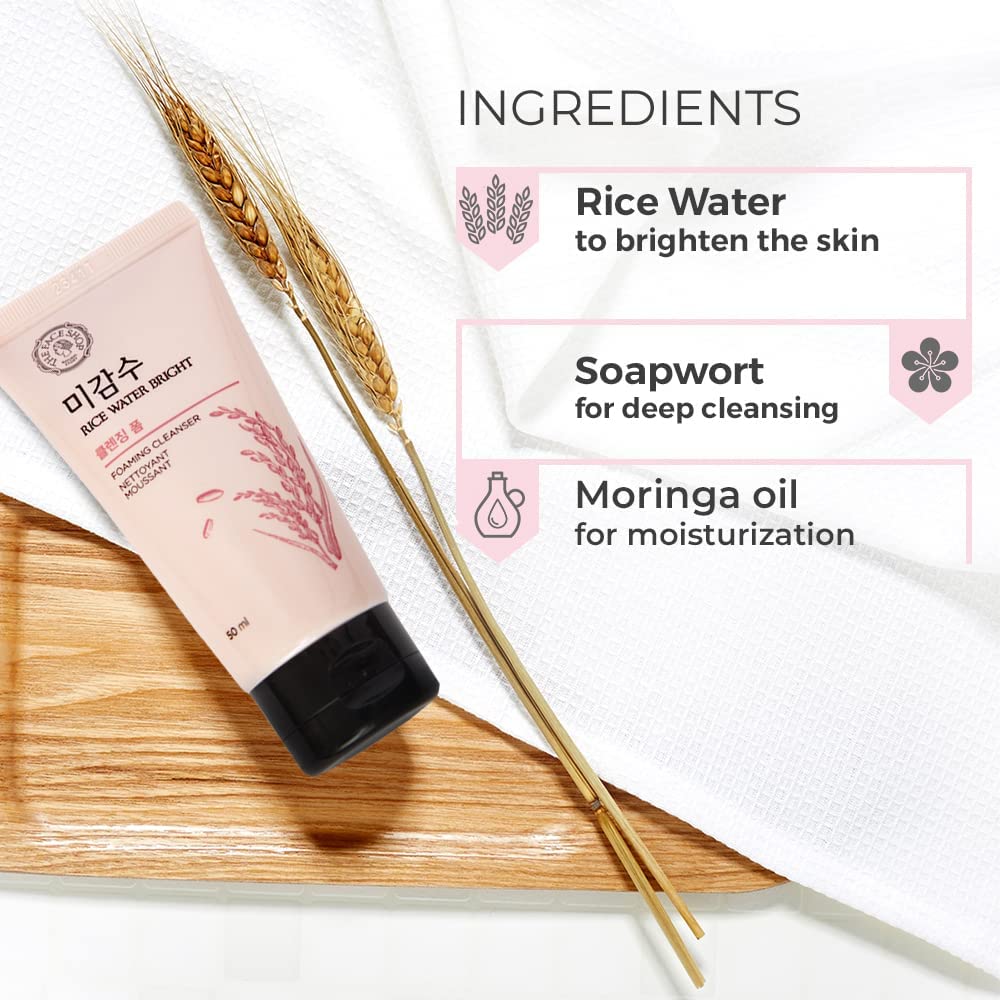 The Face Shop Rice Water Bright Foaming Face Wash 50ml, Face Wash for Glowing Skin, Cleanser for Uneven Skin Tone, Korean Skin Care Products, Face Wash For Oily skin