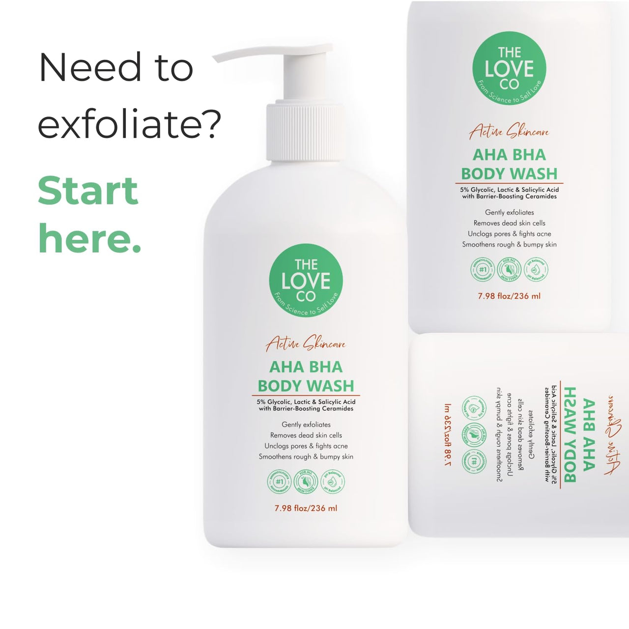 THE LOVE CO. AHA BHA Body Wash | 5% Glycolic, Lactic & Salicylic Acid | Gently Exfoliates, Fights Acne & Unclogs Pores | With Barrier-Boosting Ceramides | Sulphate-Free | Unisex | 236ml