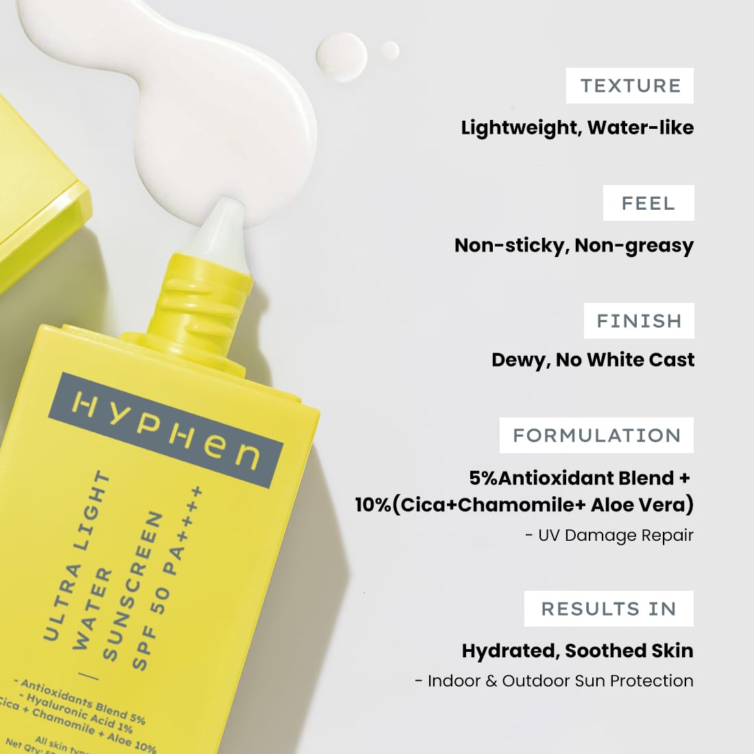 Hyphen 1% Hyaluronic Ultra Light Water Sunscreen SPF 50 PA ++++ | Broad Spectrum & Blue Light Protection | No White Cast | 5% Antioxidants Niacinamide Vitamin E | Korean Sun cream for Men Women | 50ml