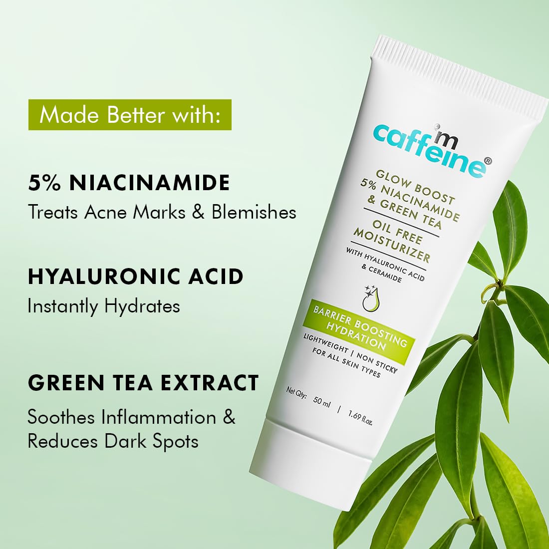 mCaffeine Glow Boost 5% Niacinamide & Green Tea Oil Free Moisturizer | Brightens & Even-Tones | 72Hrs Moisturization | Reduces Acne Marks & Blemishes | Lightweight Moisturizer For All Skin Types -50ml